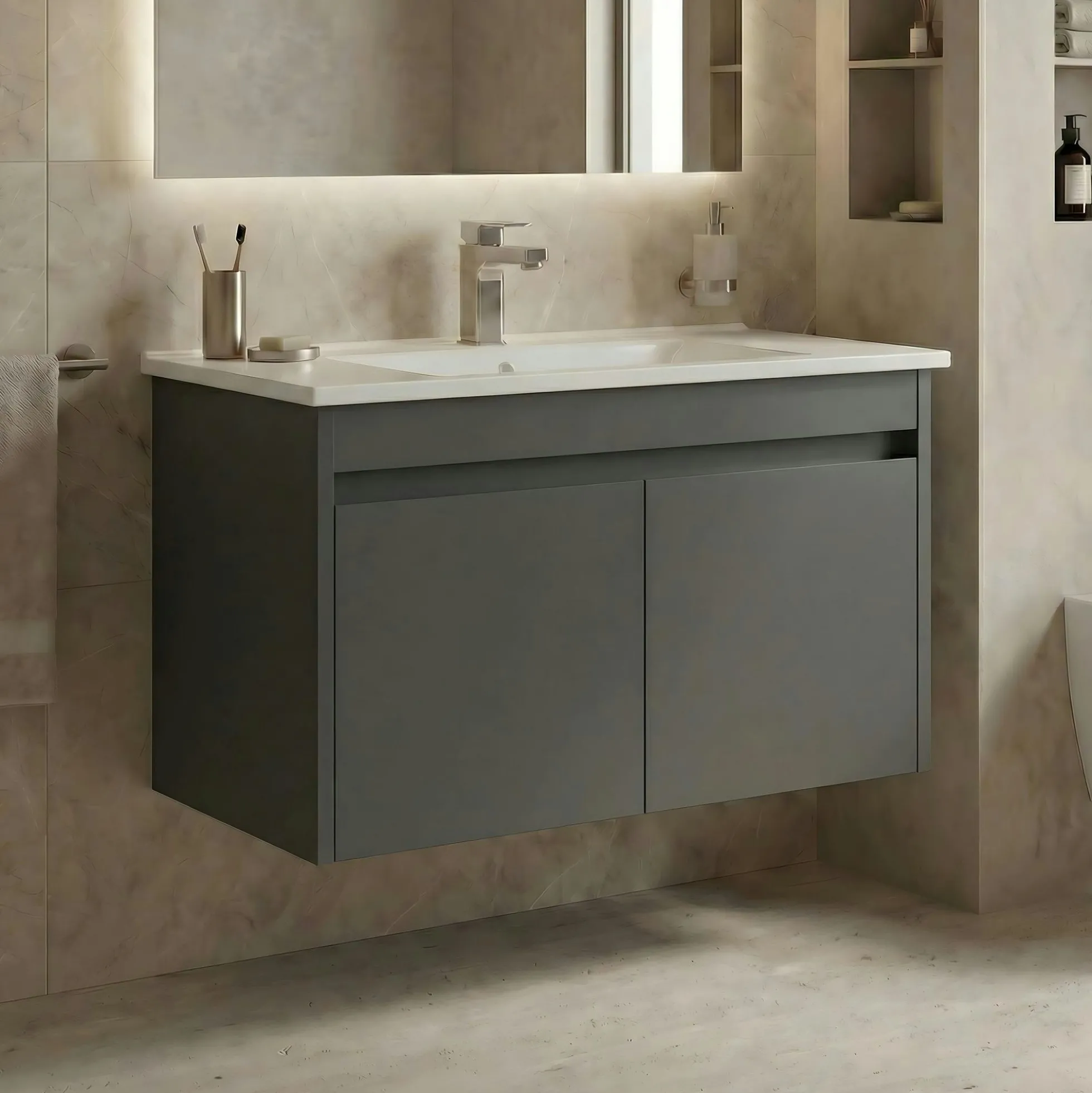 Meuble vasque suspendu 85 cm gris 2 portes NAÏA