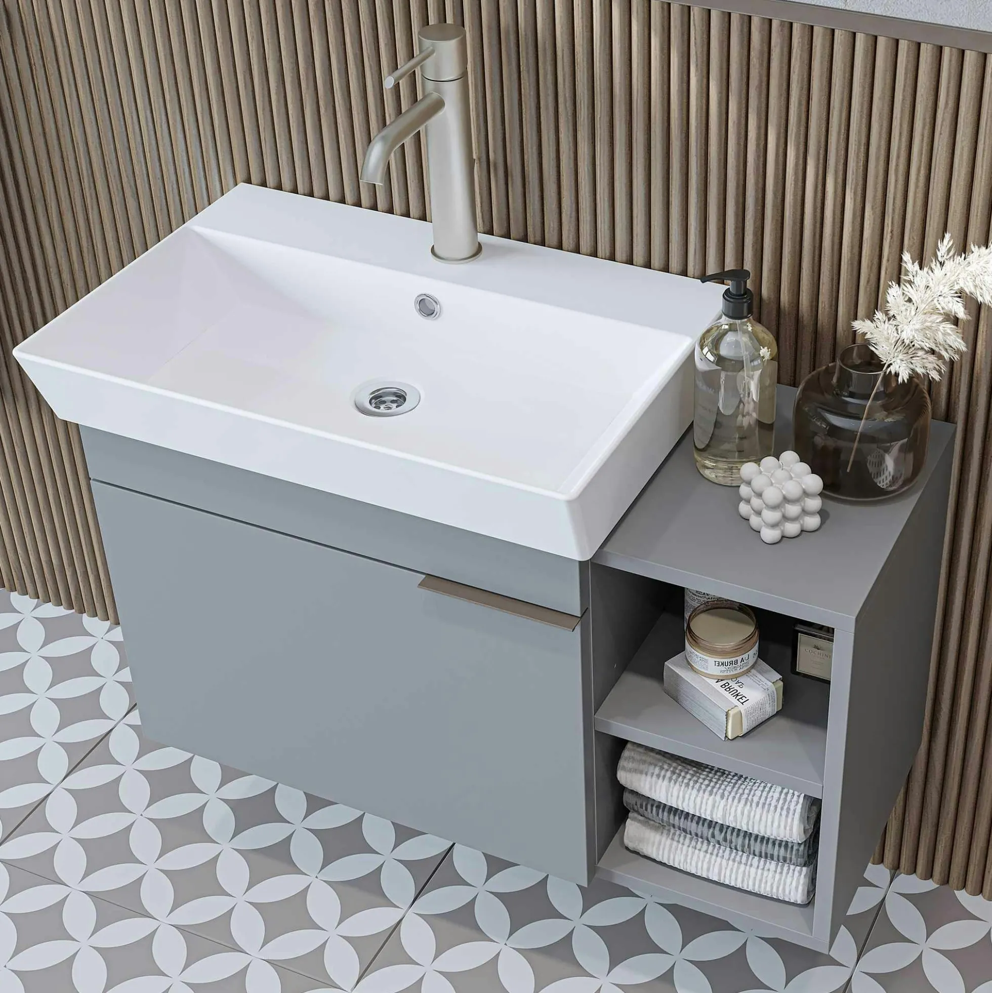Meuble vasque suspendu 82 cm gris clair 1 porte 2 niches NORIA