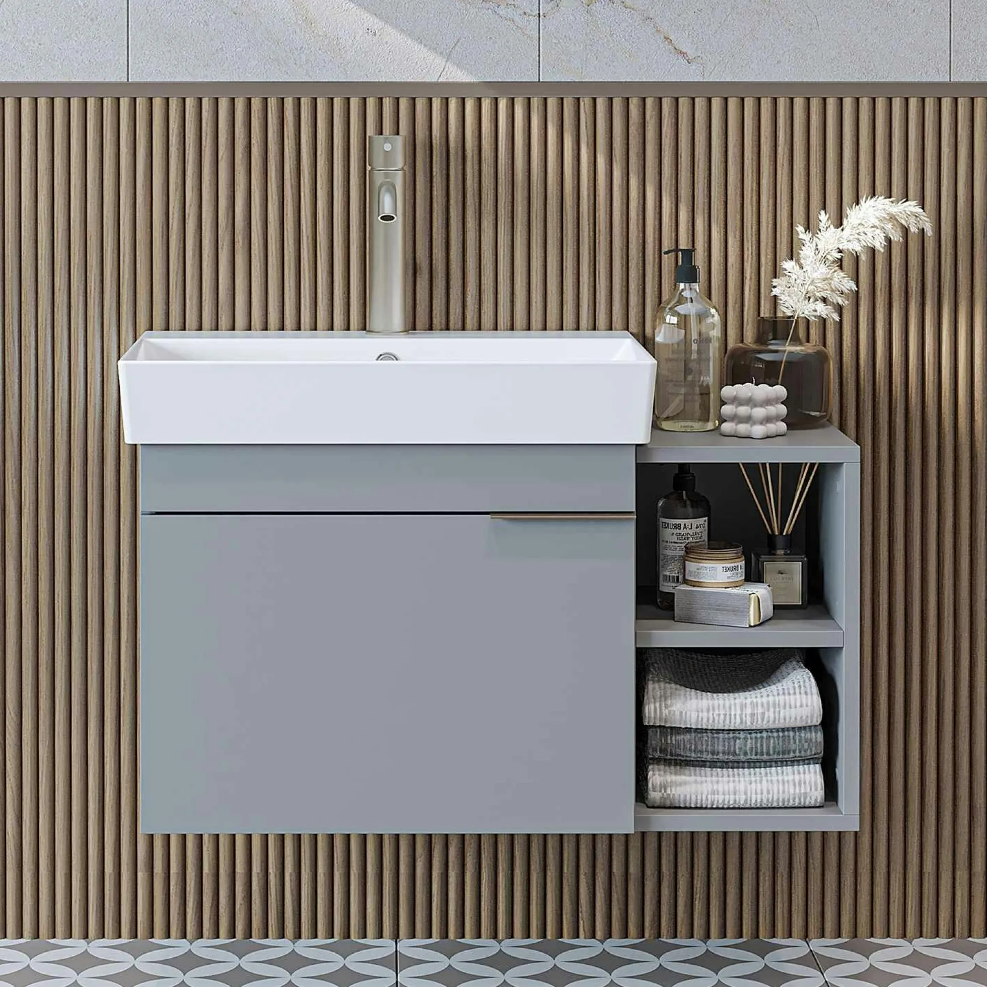 Meuble vasque suspendu 82 cm gris clair 1 porte 2 niches NORIA