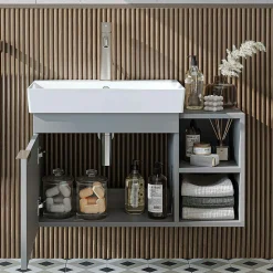 Meuble vasque suspendu 82 cm gris clair 1 porte 2 niches NORIA