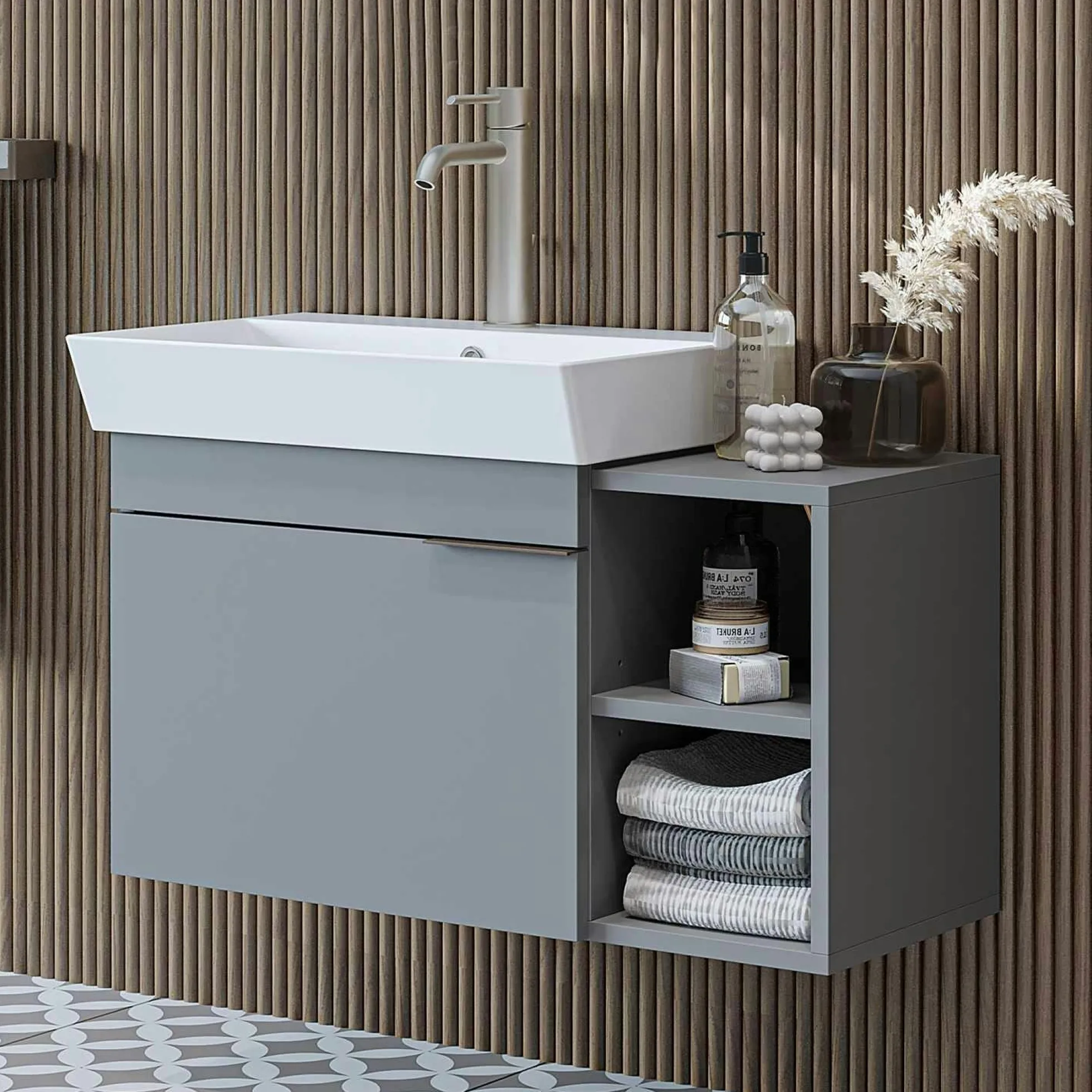 Meuble vasque suspendu 82 cm gris clair 1 porte 2 niches NORIA