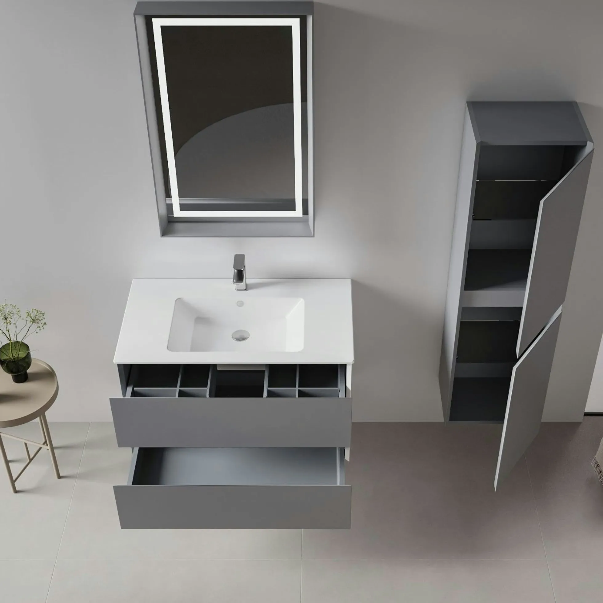 Meuble vasque suspendu 91 cm gris 2 tiroirs OCEA