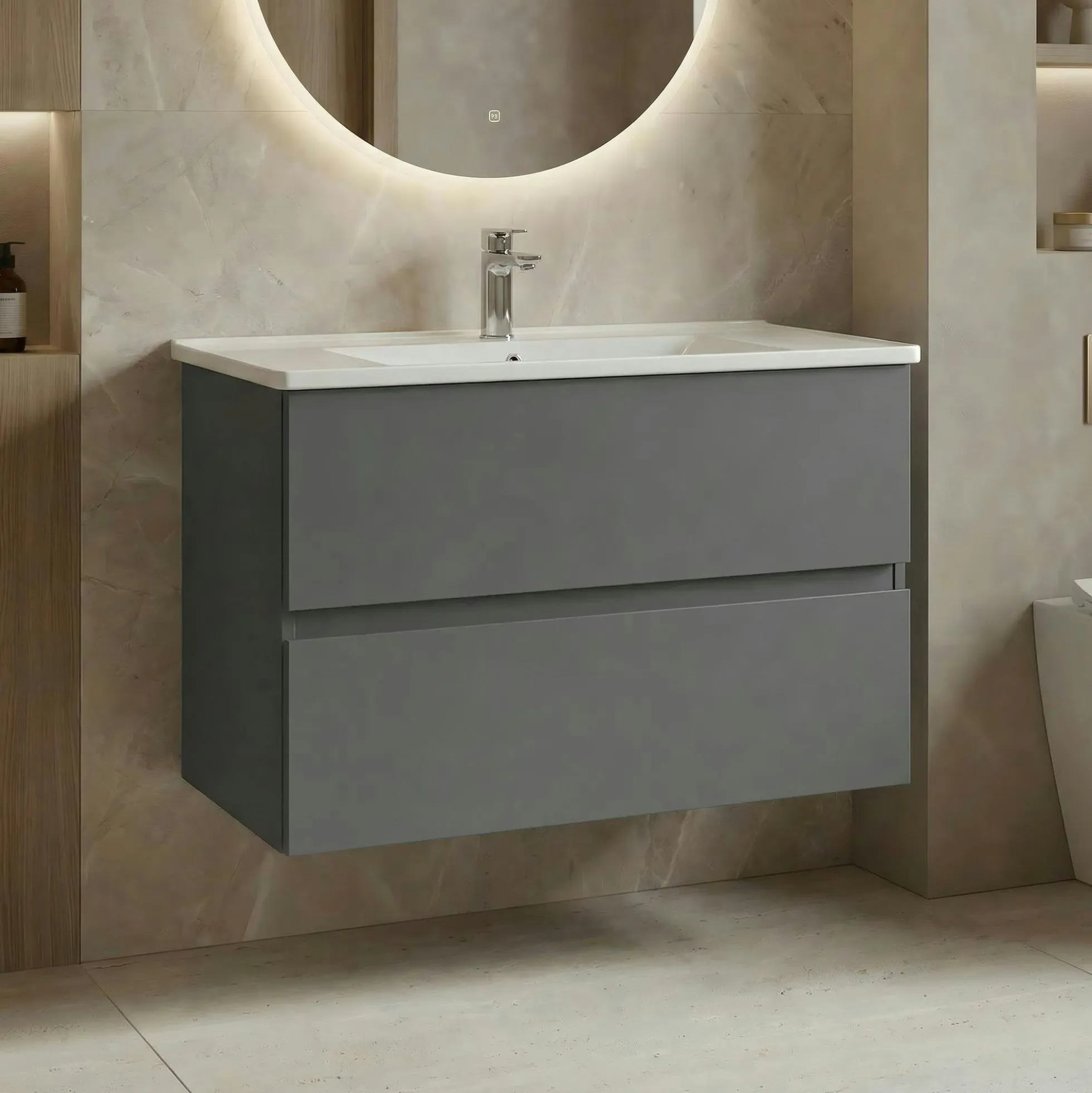 Meuble vasque suspendu 91 cm gris 2 tiroirs OCEA