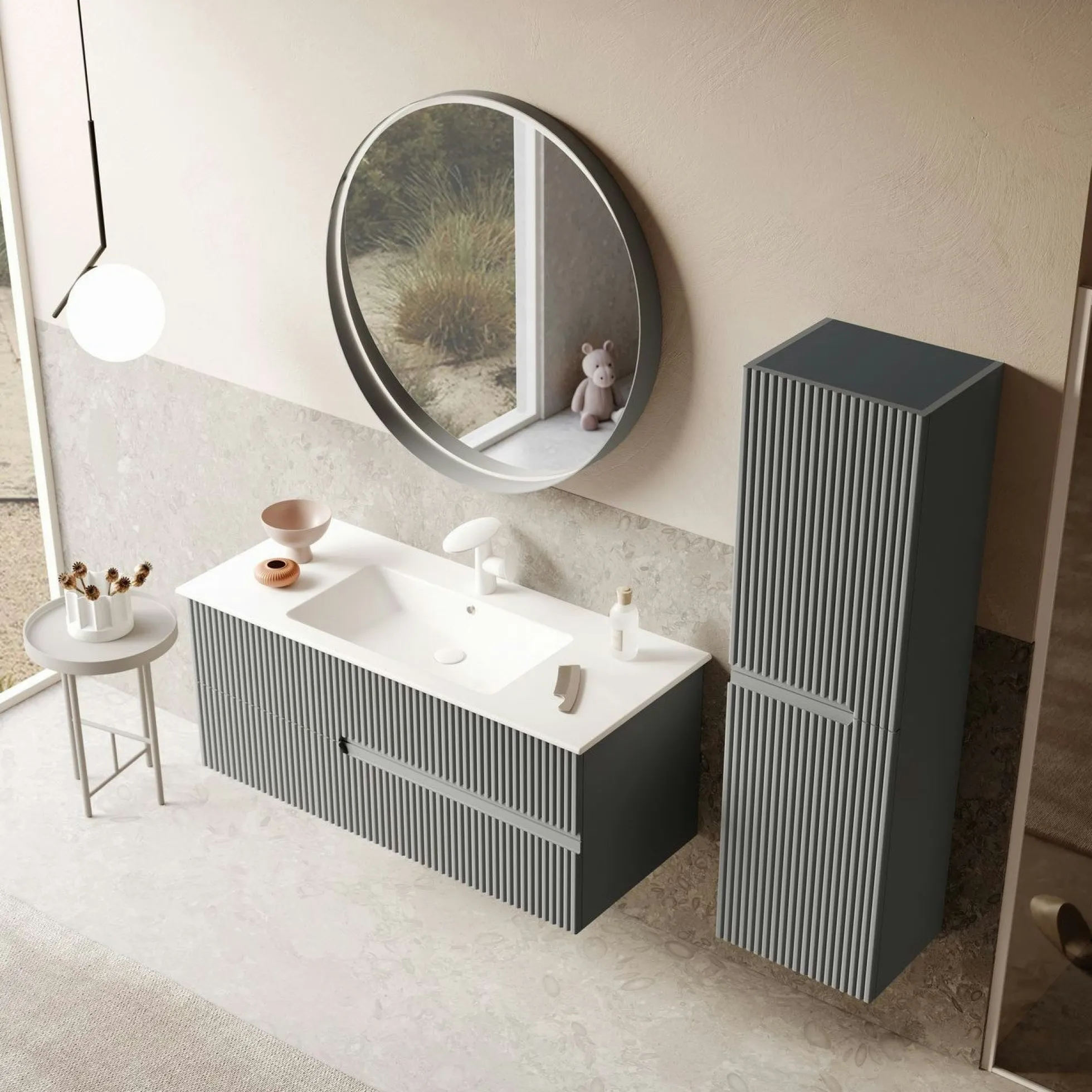 Meuble vasque suspendu 120 cm gris 2 tiroirs ORA