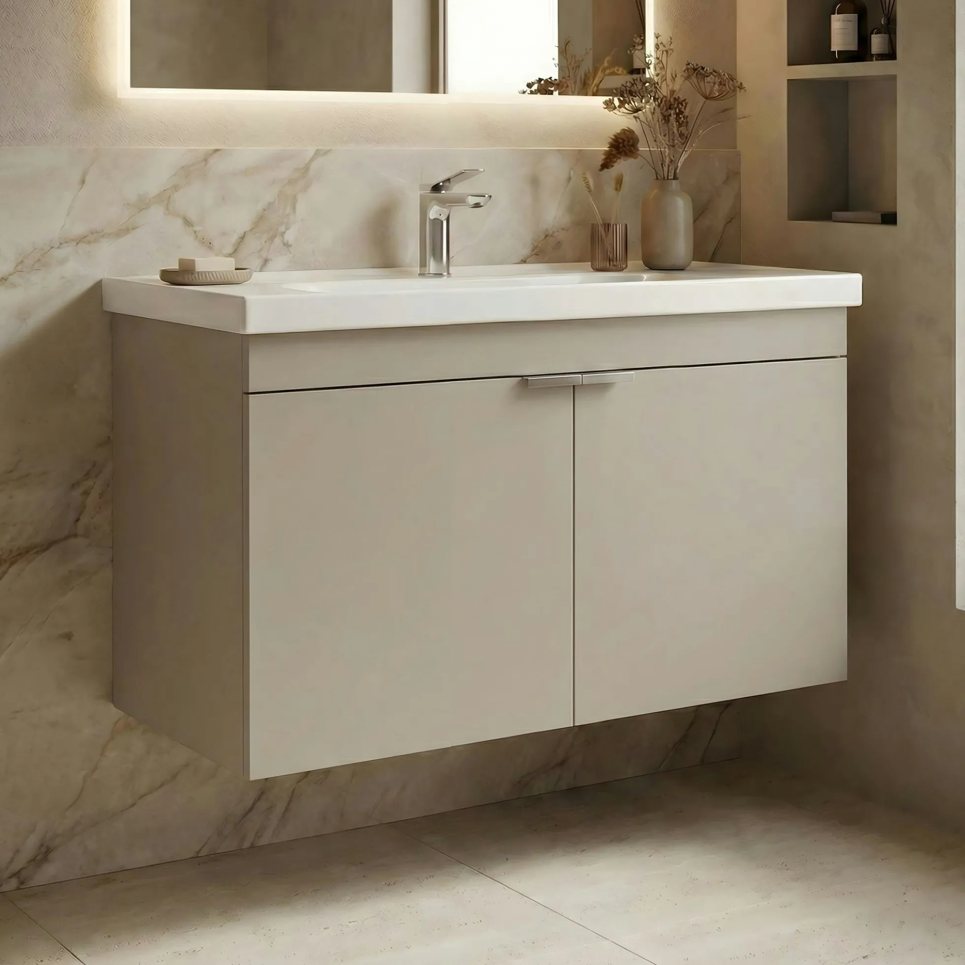 Meuble vasque suspendu 80 cm sable 2 portes NEA