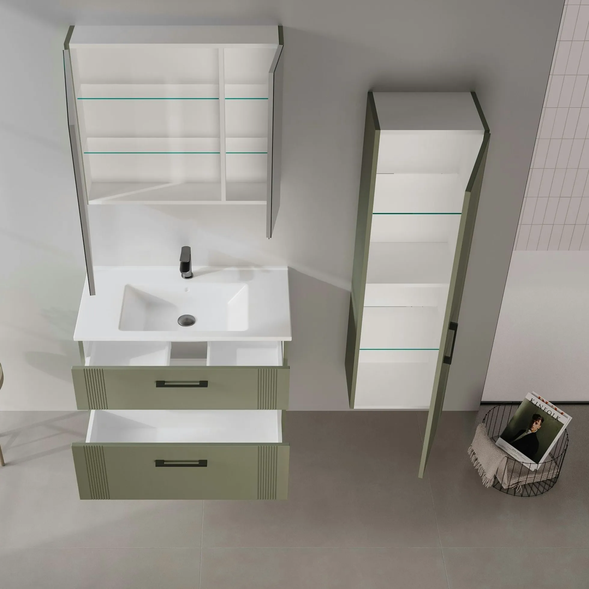 Meuble vasque suspendu 85 cm vert mat 2 tiroirs ONDIA