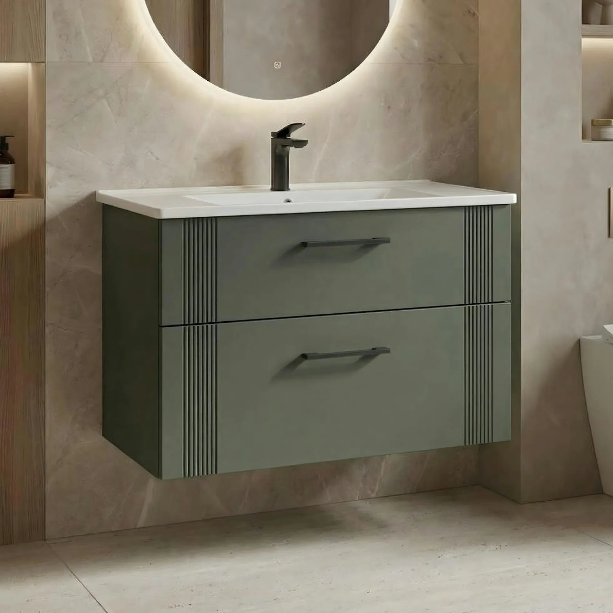 Meuble vasque suspendu 85 cm vert mat 2 tiroirs ONDIA