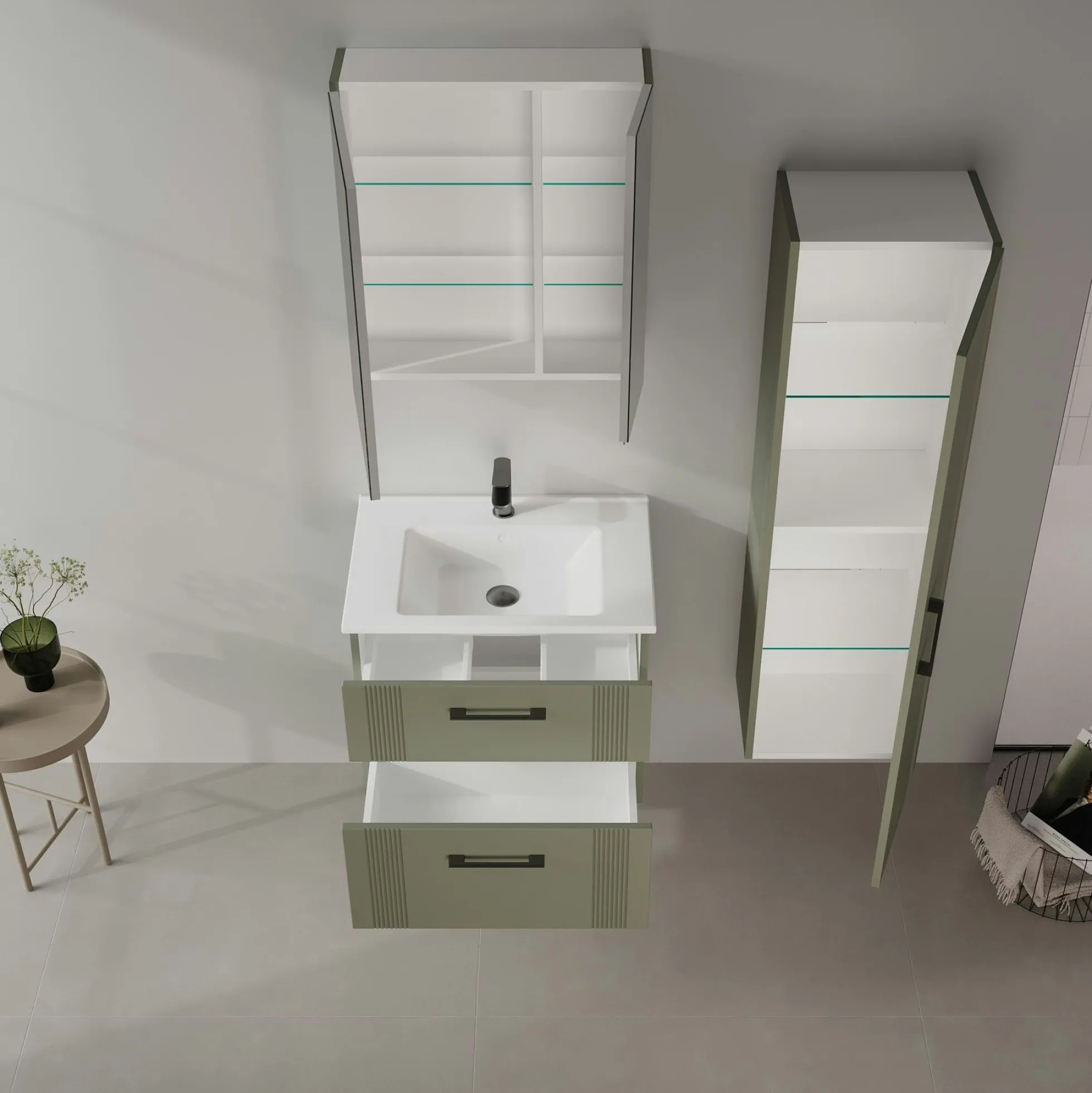 Meuble vasque suspendu 65 cm vert mat 2 tiroirs ONDIA