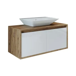 Meuble vasque suspendu décor pin et blanc 2 portes FLOE