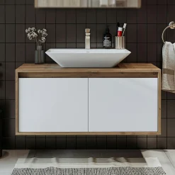 Meuble vasque suspendu décor pin et blanc 2 portes FLOE