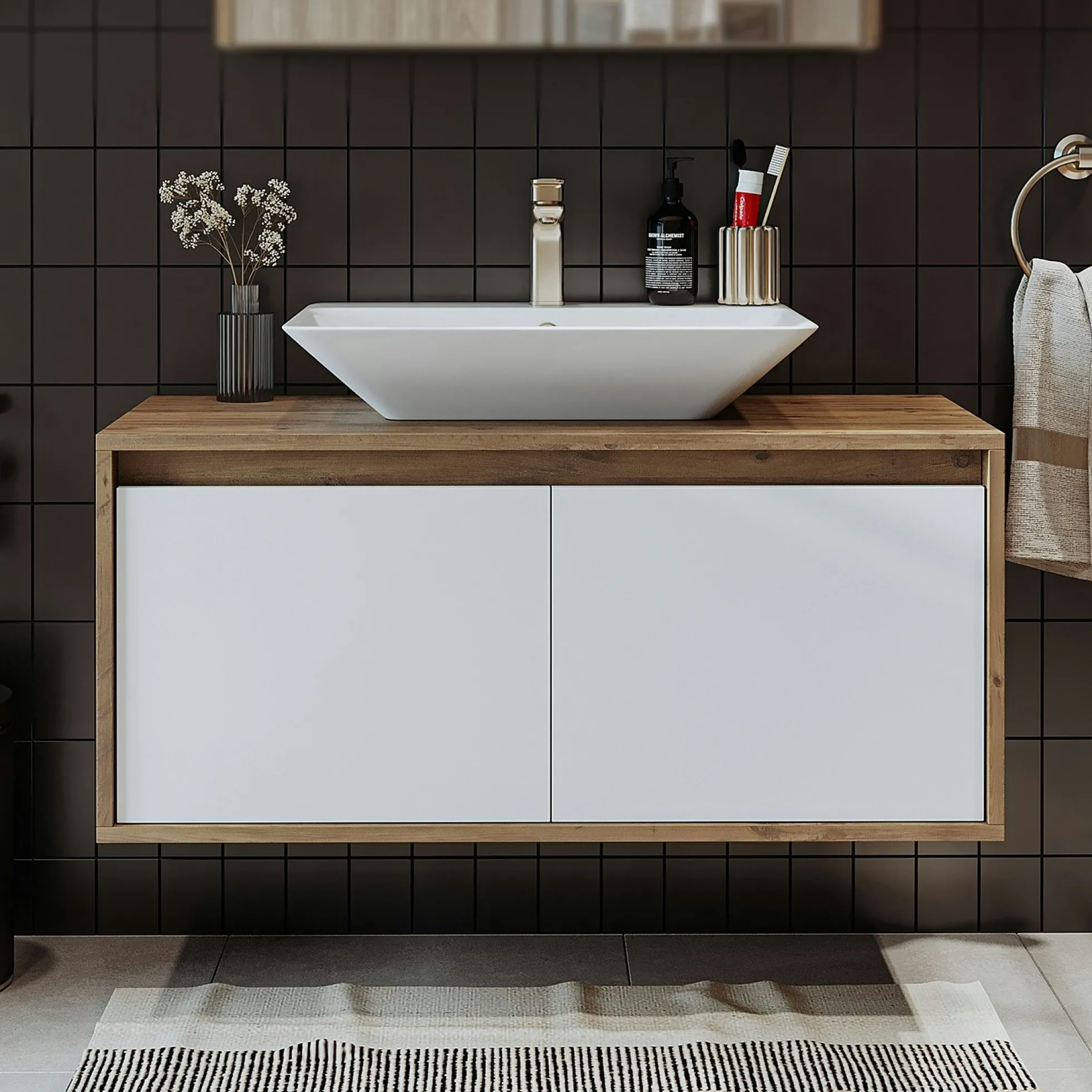 Meuble vasque suspendu décor pin et blanc 2 portes FLOE