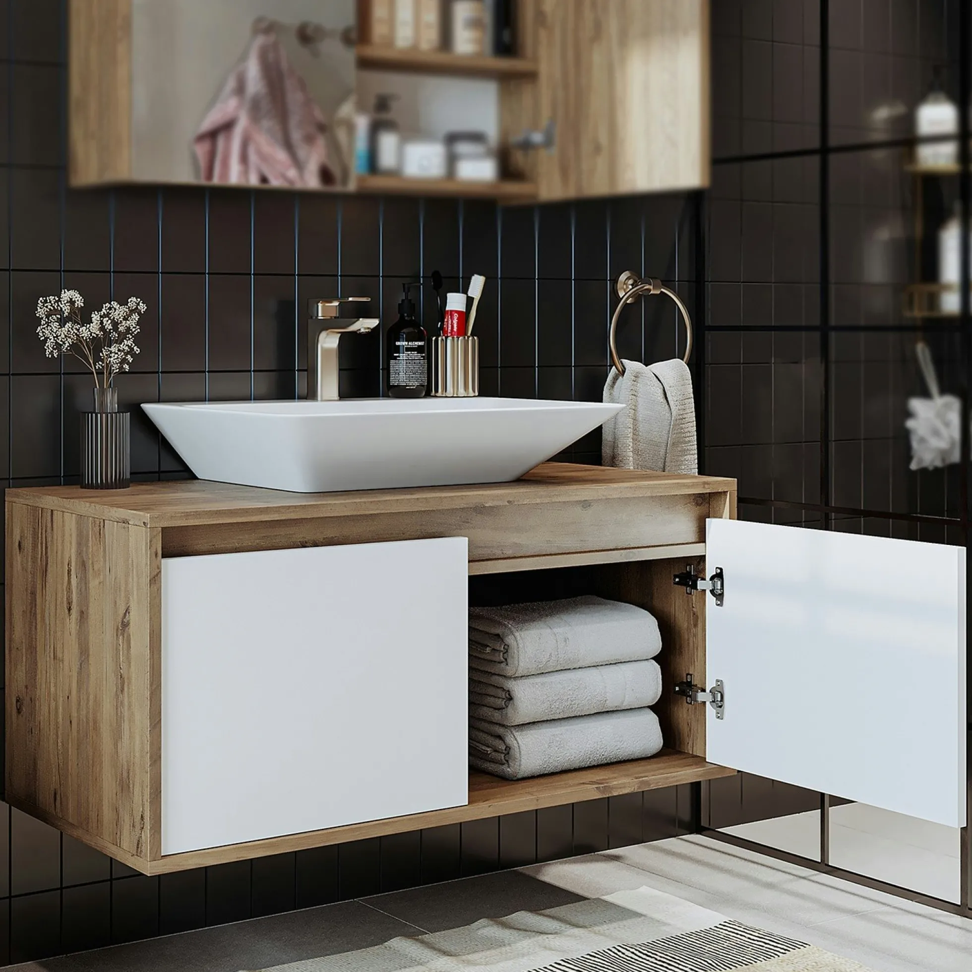 Meuble vasque suspendu décor pin et blanc 2 portes FLOE