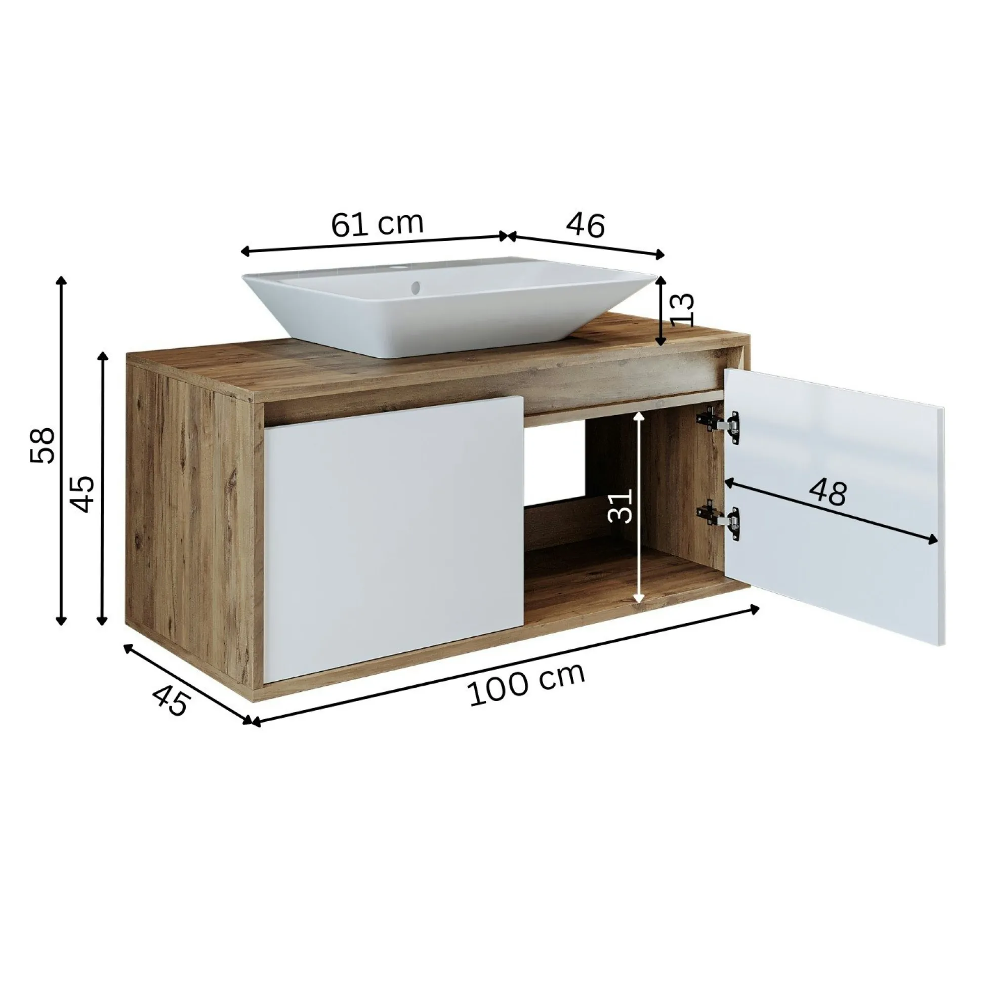 Meuble vasque suspendu décor pin et blanc 2 portes FLOE
