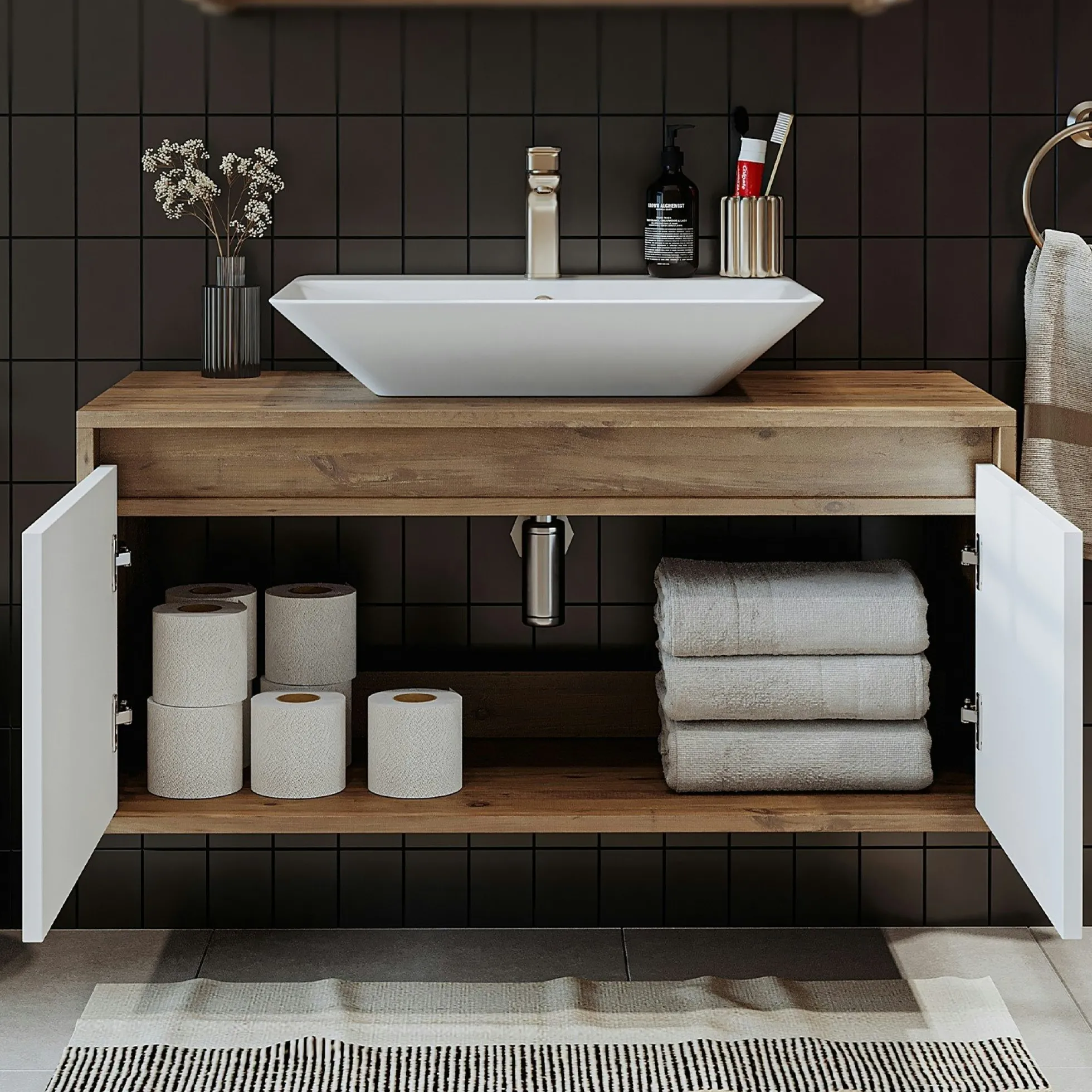 Meuble vasque suspendu décor pin et blanc 2 portes FLOE