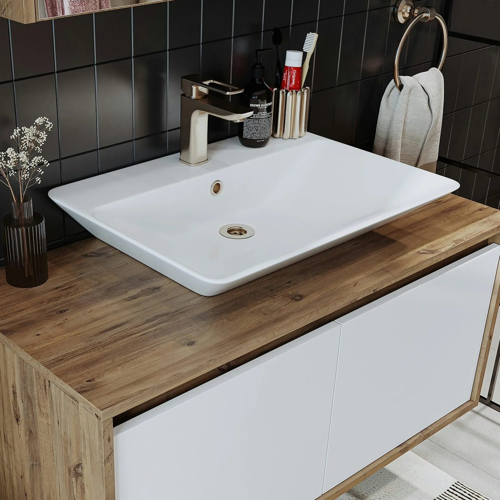Meuble vasque suspendu décor pin et blanc 2 portes FLOE