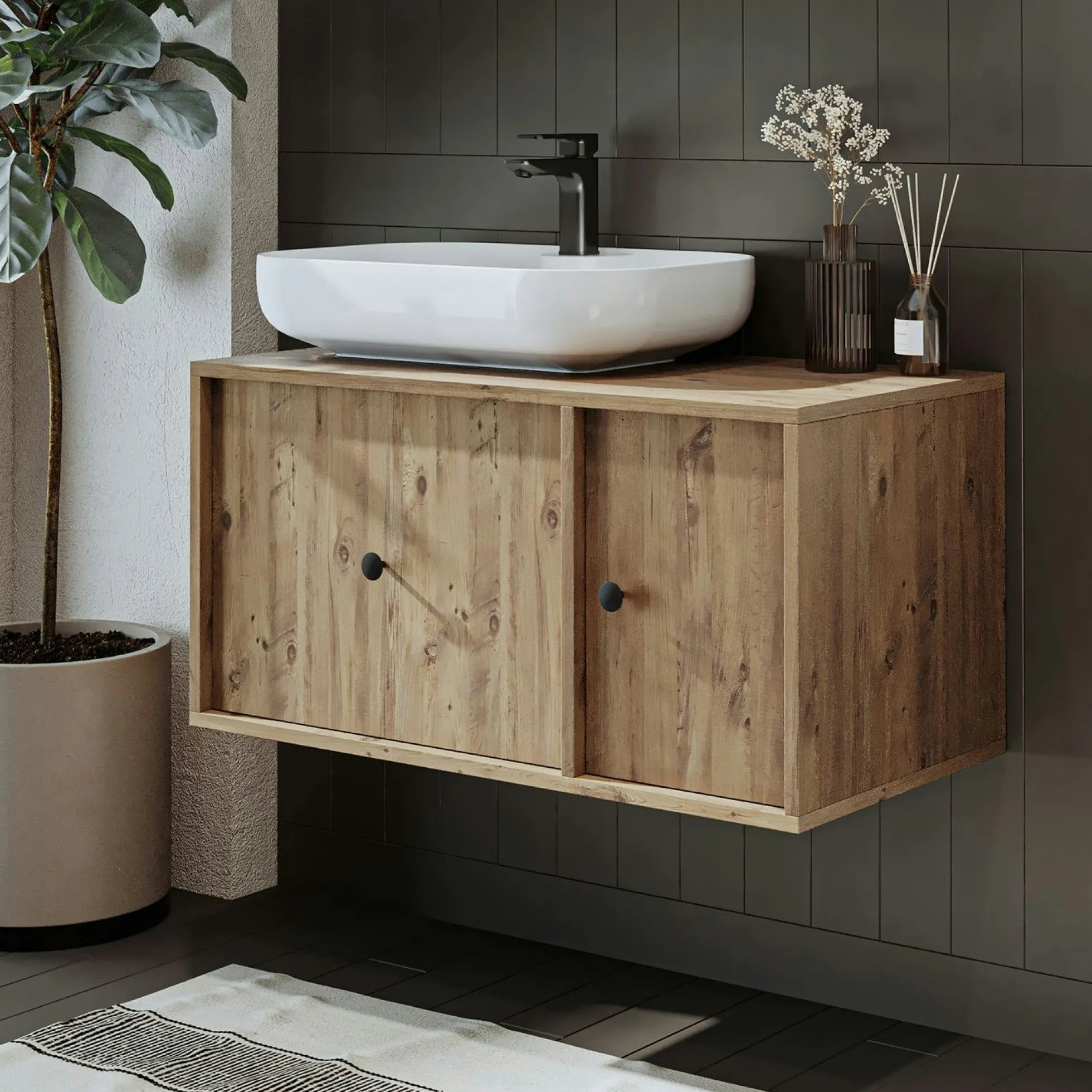 Meuble vasque suspendu décor pin 1 tiroir 1 porte RILL