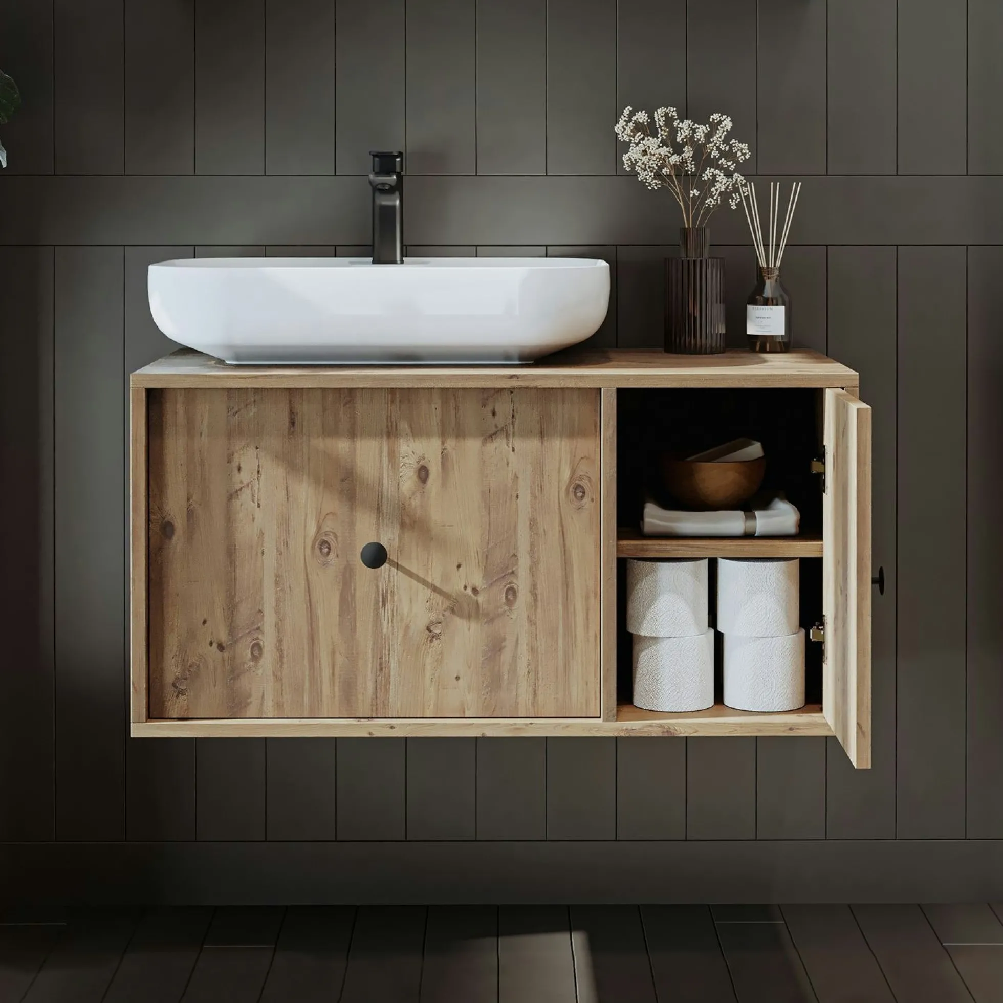 Meuble vasque suspendu décor pin 1 tiroir 1 porte RILL