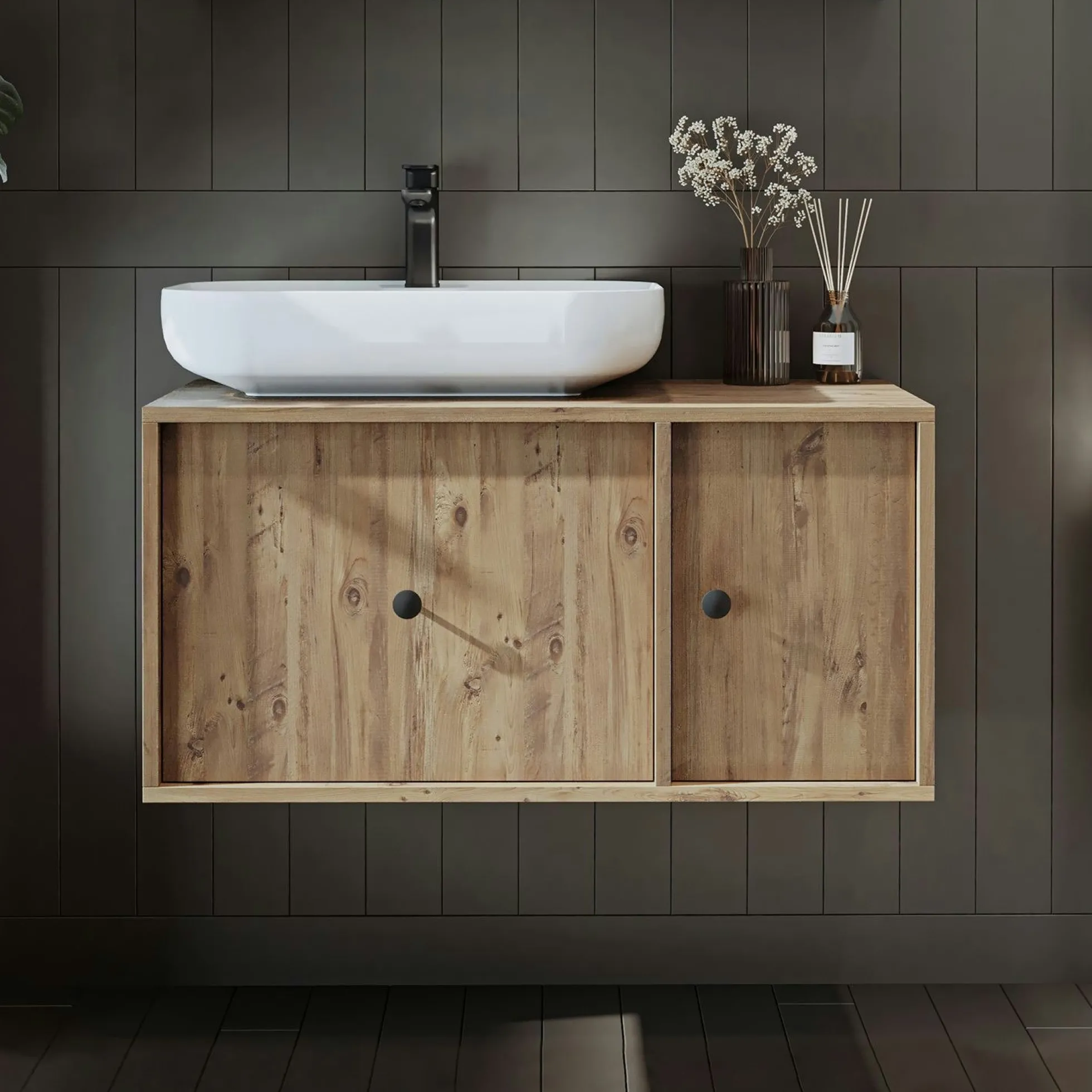Meuble vasque suspendu décor pin 1 tiroir 1 porte RILL