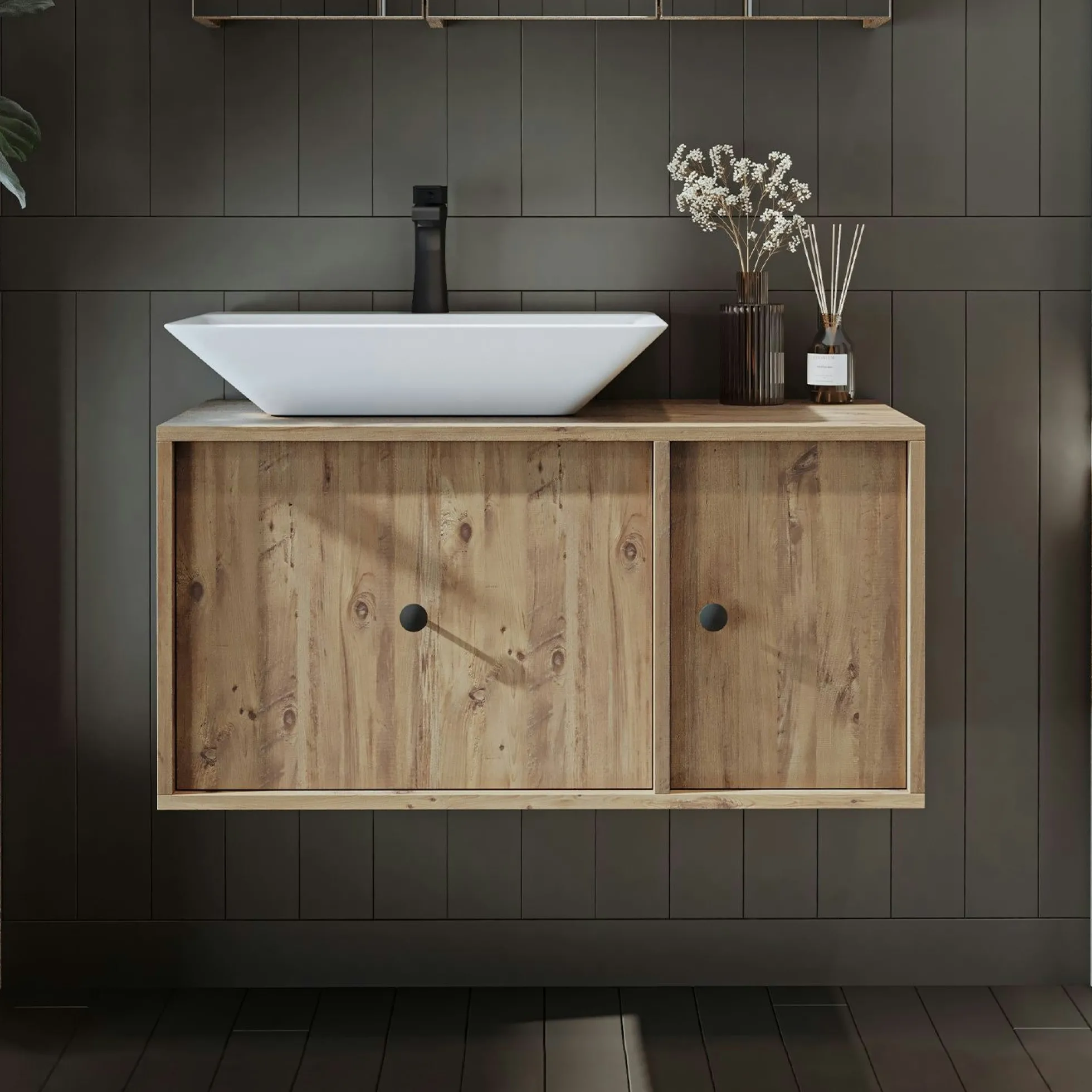 Meuble vasque suspendu décor pin 1 porte 1 tiroir RIV