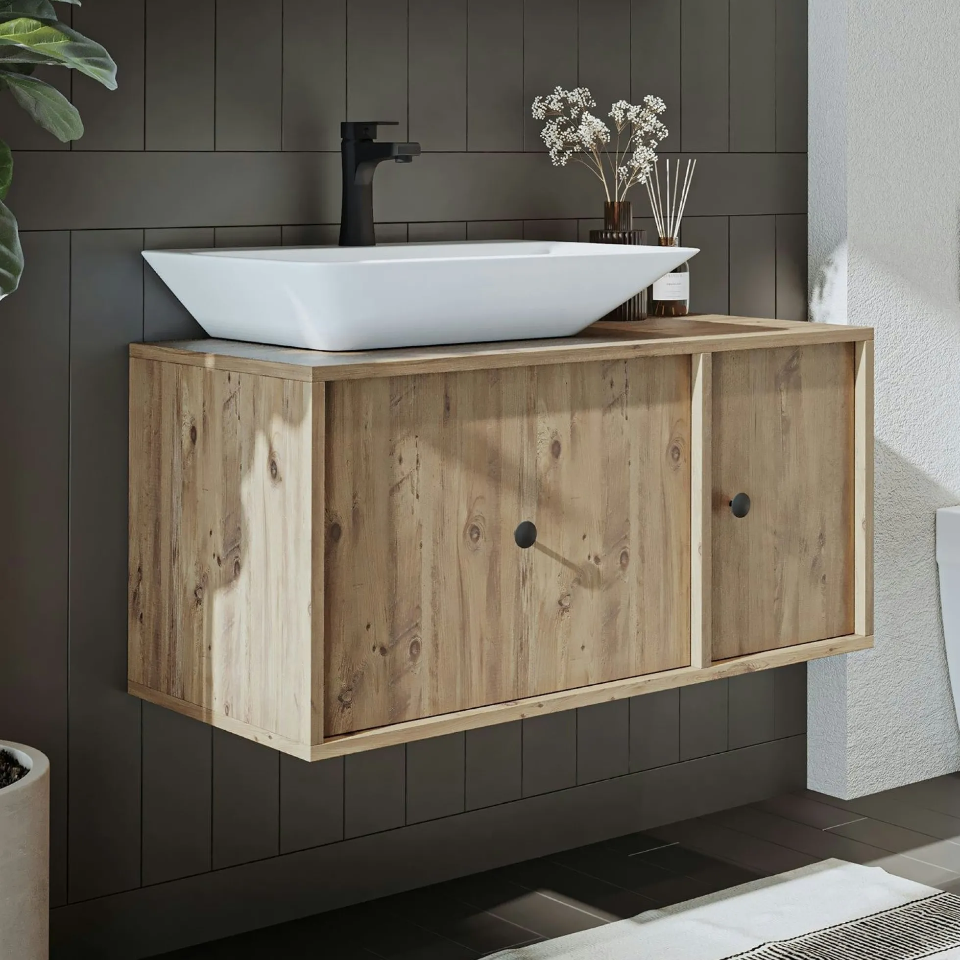 Meuble vasque suspendu décor pin 1 porte 1 tiroir RIV