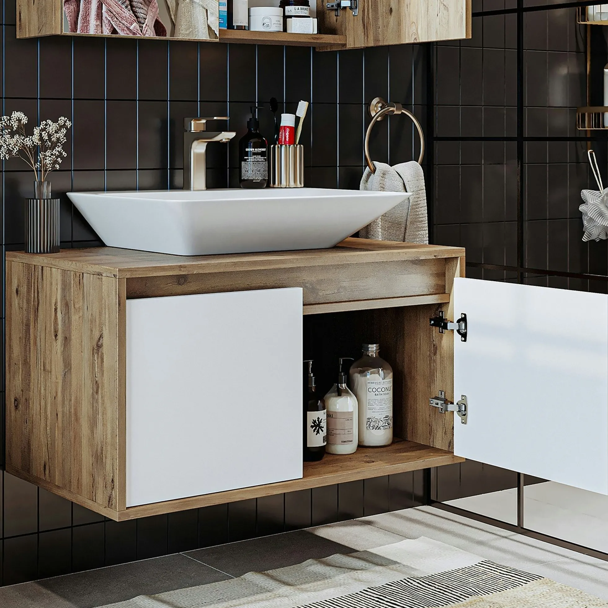 Meuble vasque suspendu décor pin et blanc VIVE