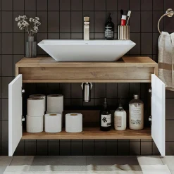 Meuble vasque suspendu décor pin et blanc VIVE