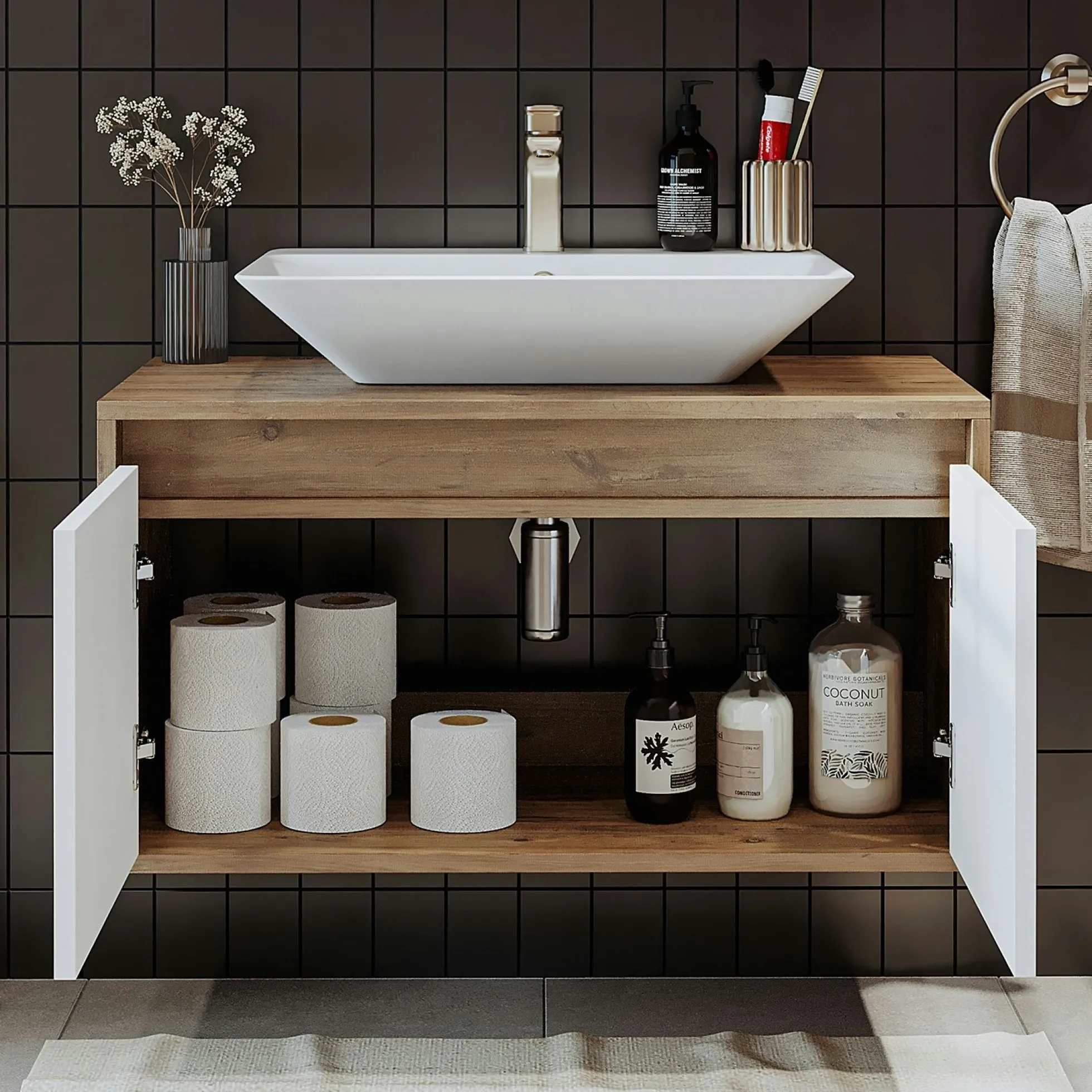 Meuble vasque suspendu décor pin et blanc VIVE