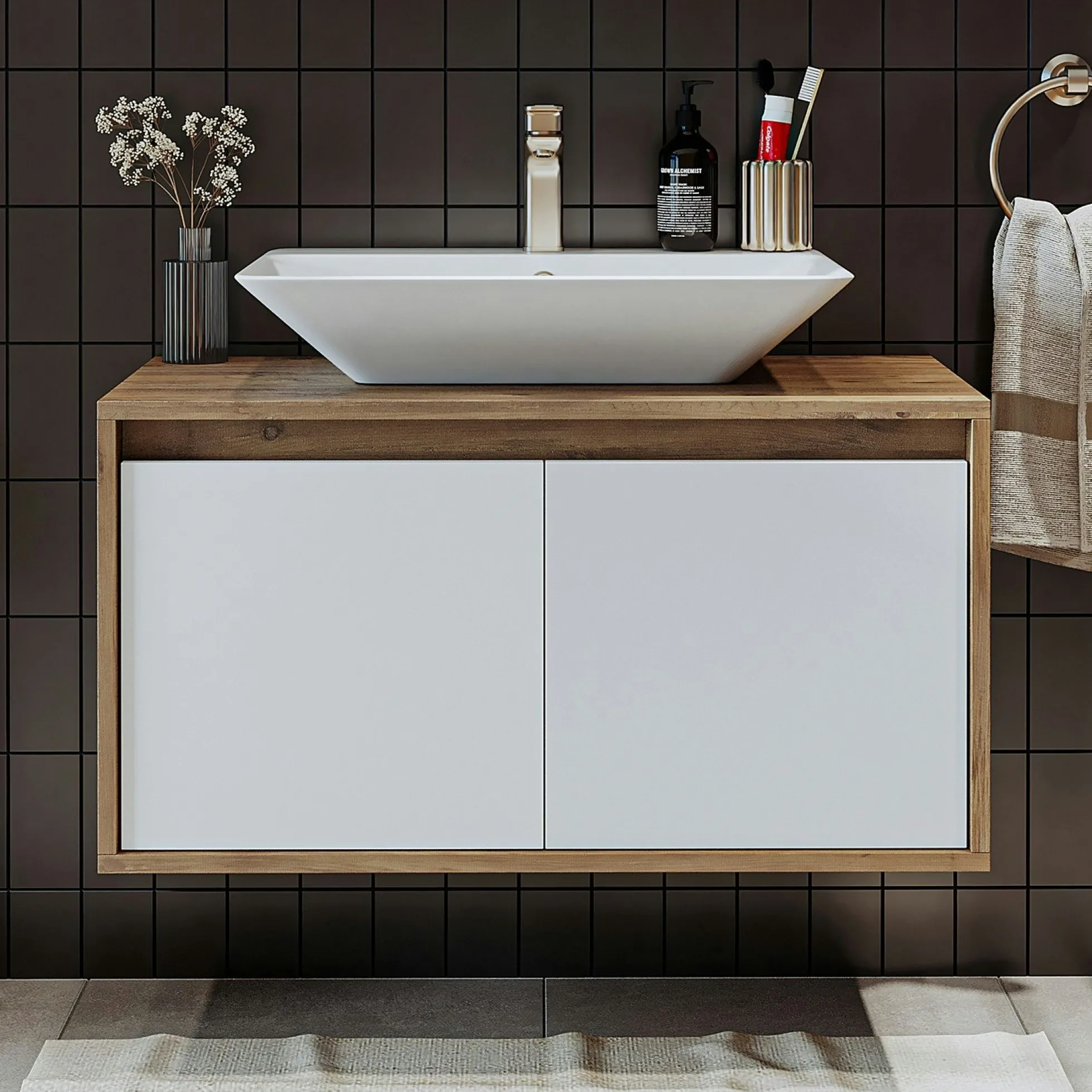Meuble vasque suspendu décor pin et blanc VIVE