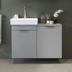 Meuble vasque suspendu gris avec panier à linge NESSA