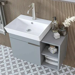 Meuble vasque suspendu gris clair 1 porte 2 niches NORIA