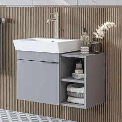 Meuble vasque suspendu gris clair 1 porte 2 niches NORIA