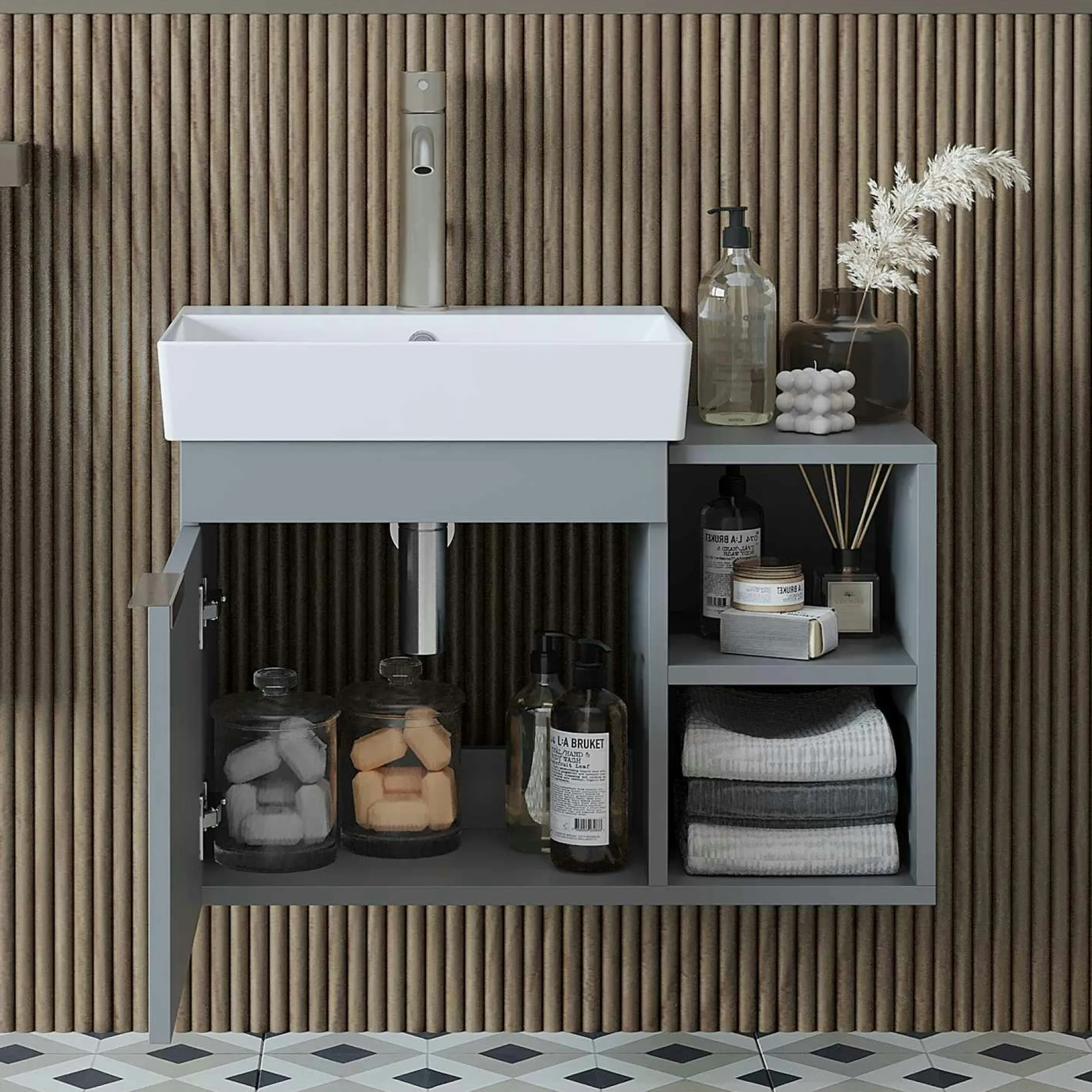 Meuble vasque suspendu gris clair 1 porte 2 niches NORIA