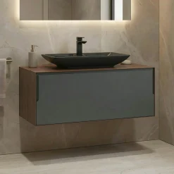 Meuble vasque suspendu gris 100 cm décor noyer et anthracite 2 tiroirs RIA