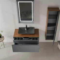 Meuble vasque suspendu gris 100 cm décor noyer et anthracite 2 tiroirs RIA