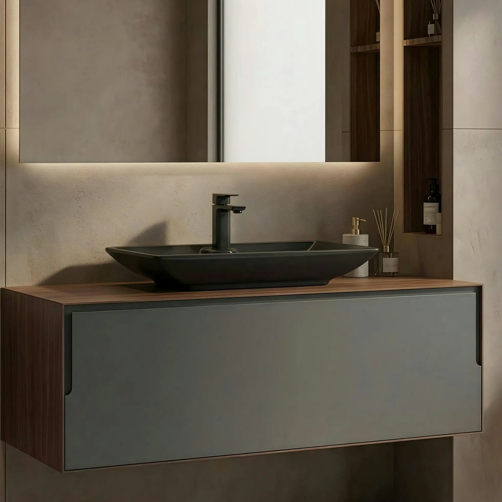 Meuble vasque suspendu gris 120 cm décor noyer et anthracite 2 tiroirs RIA