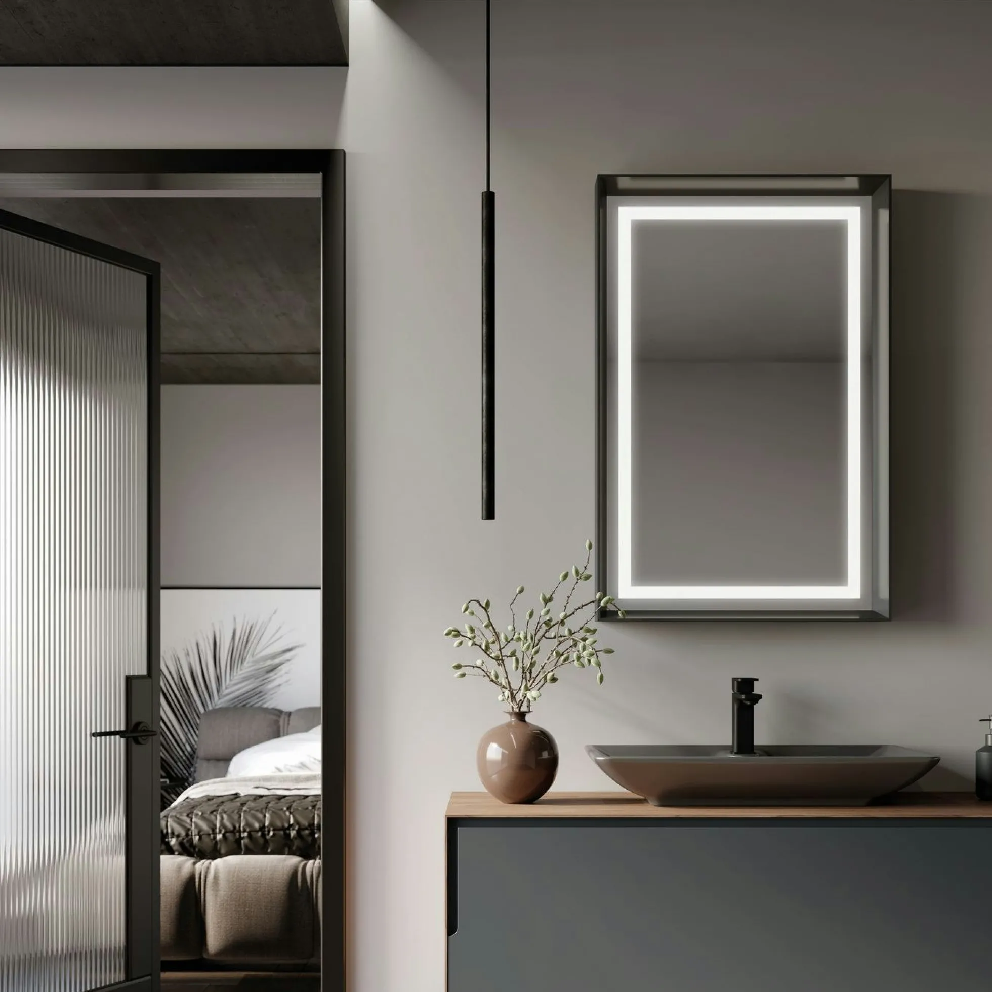 Meuble vasque suspendu gris 120 cm décor noyer et anthracite 2 tiroirs RIA
