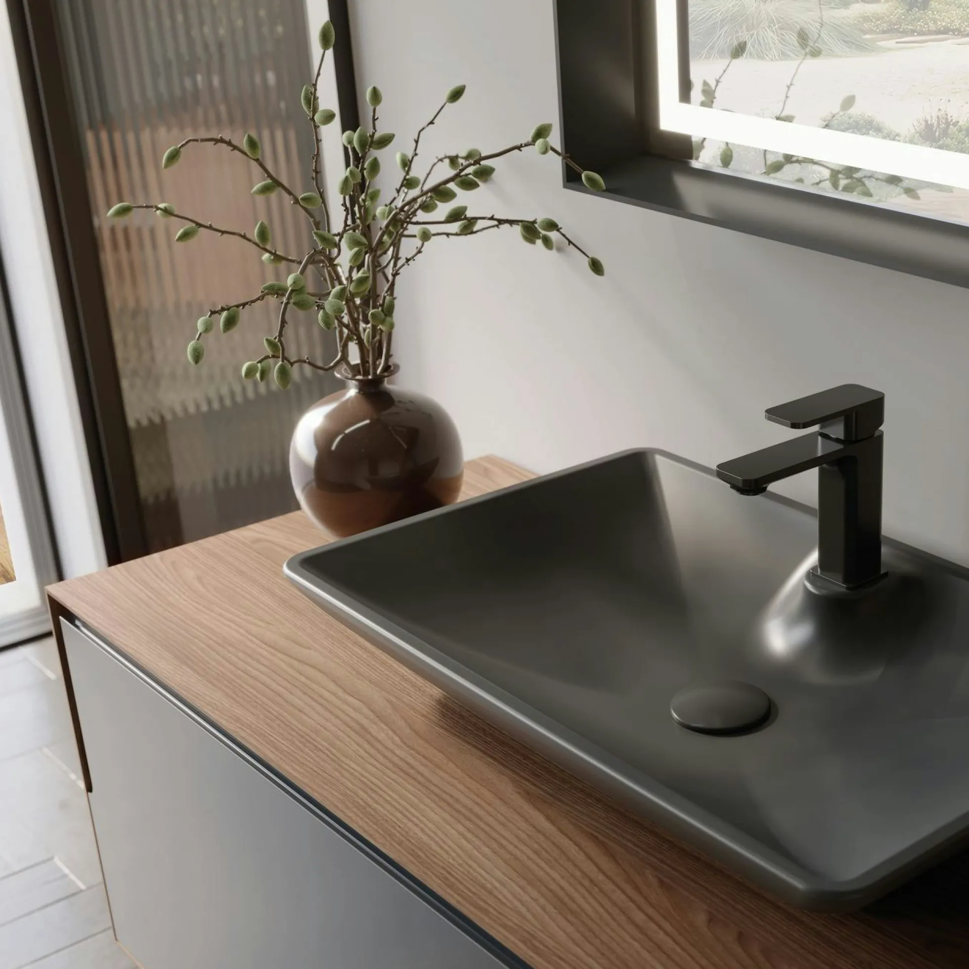 Meuble vasque suspendu gris 120 cm décor noyer et anthracite 2 tiroirs RIA