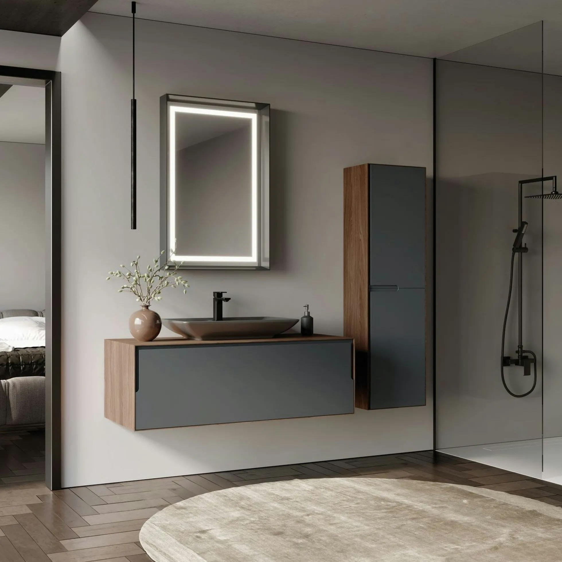 Meuble vasque suspendu gris 120 cm décor noyer et anthracite 2 tiroirs RIA