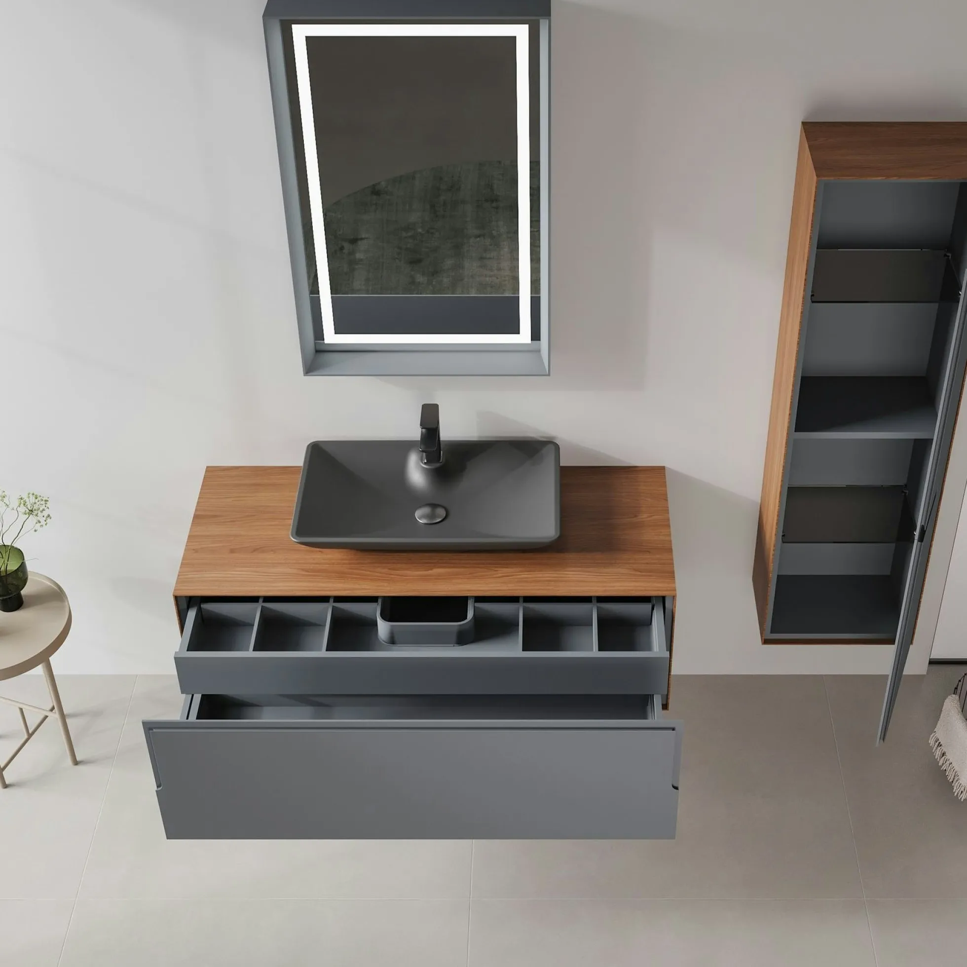 Meuble vasque suspendu gris 120 cm décor noyer et anthracite 2 tiroirs RIA