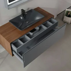 Meuble vasque suspendu gris 120 cm décor noyer et anthracite 2 tiroirs RIA