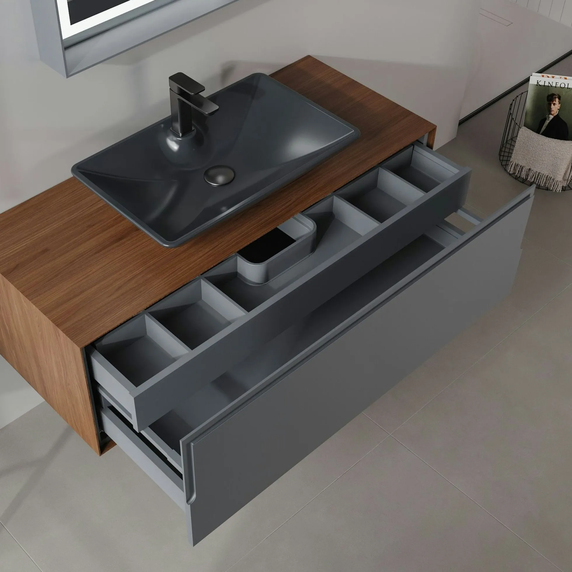 Meuble vasque suspendu gris 120 cm décor noyer et anthracite 2 tiroirs RIA