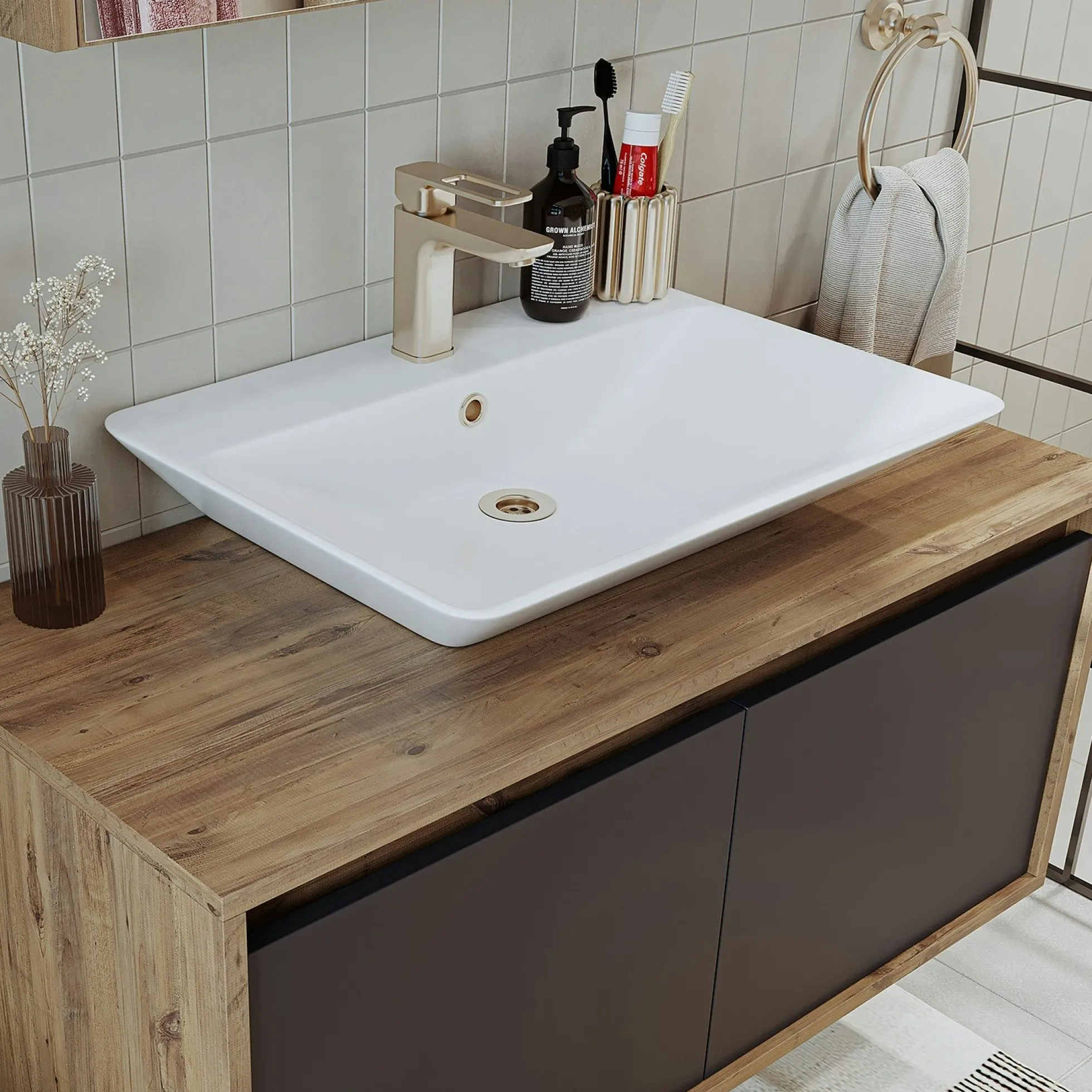 Meuble vasque suspendu 2 portes décor pin et gris FLOE