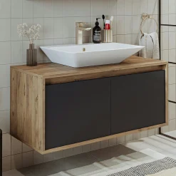 Meuble vasque suspendu 2 portes décor pin et gris FLOE