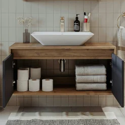 Meuble vasque suspendu 2 portes décor pin et gris FLOE
