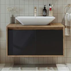 Meuble vasque suspendu 2 portes décor pin et gris VIVE