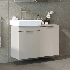 Meuble vasque suspendu sable avec panier à linge NESSA