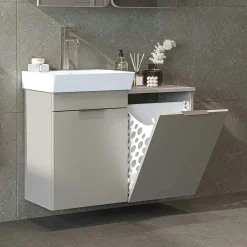 Meuble vasque suspendu sable avec panier à linge NESSA