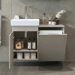 Meuble vasque suspendu sable avec panier à linge NESSA