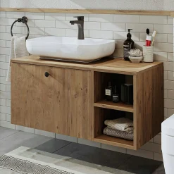 Meuble vasque suspendu 1 tiroir décor pin RUSH