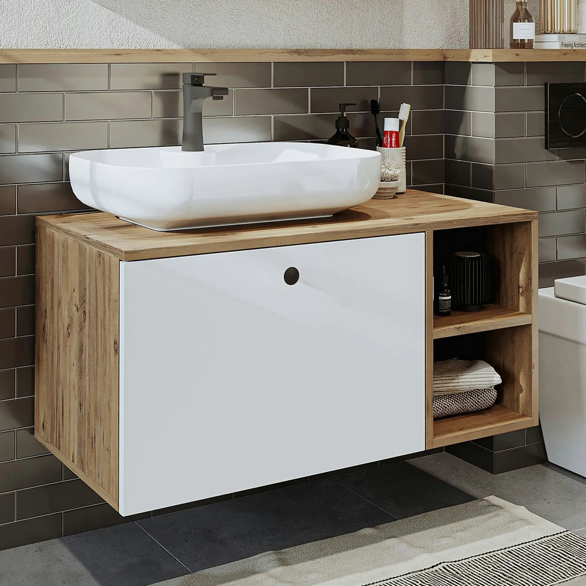 Meuble vasque suspendu 1 tiroir décor pin et blanc RUSH